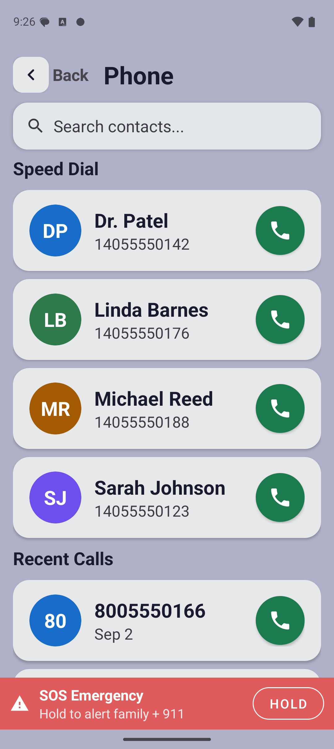 The Lumi phone screen showing speed dial cards for Dr. Patel, Linda Barnes, Michael Reed and Sarah Johnson, each with a large green call button, and a red SOS Emergency bar across the bottom.