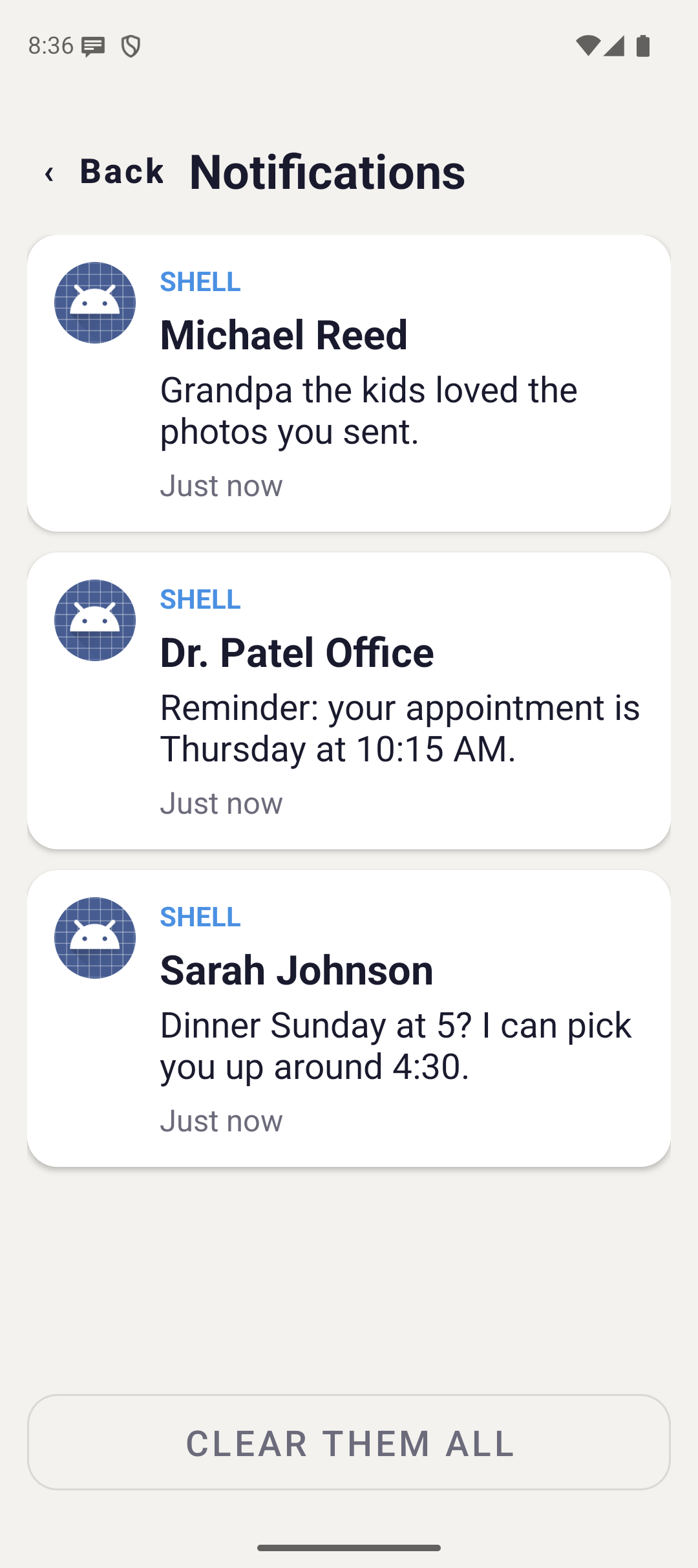 The Lumi Alerts screen listing saved notifications in large text, each showing which app it came from, the sender, the message and how long ago it arrived.