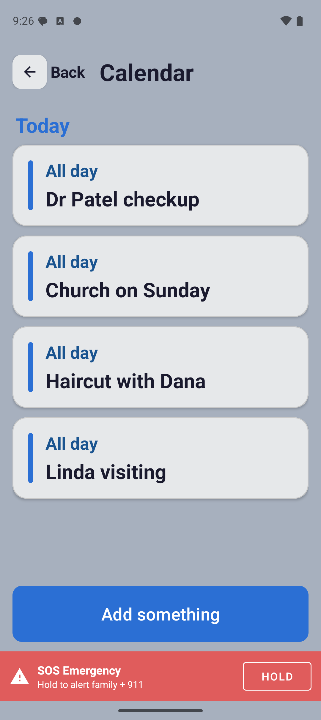 The Lumi Calendar screen listing upcoming entries such as a doctor's checkup and a family visit, each in large plain text.