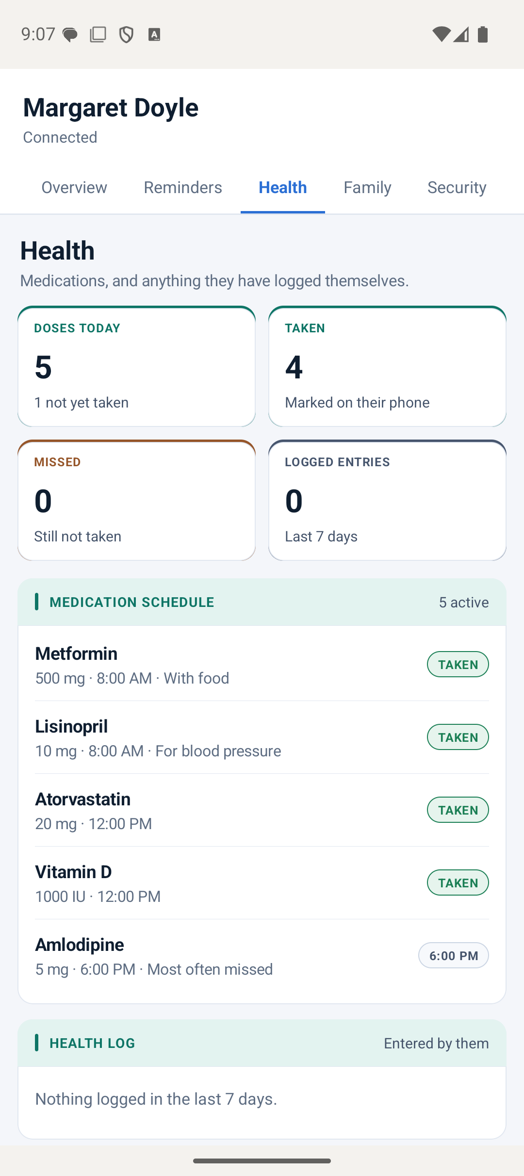 The Health tab listing three medications with Taken and Due badges, dosage, time and instructions.
