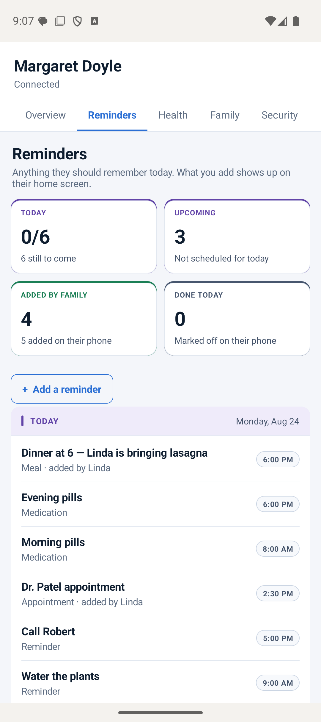 The Reminders tab showing how many reminders are due today, how many are upcoming, and how many were added by family.