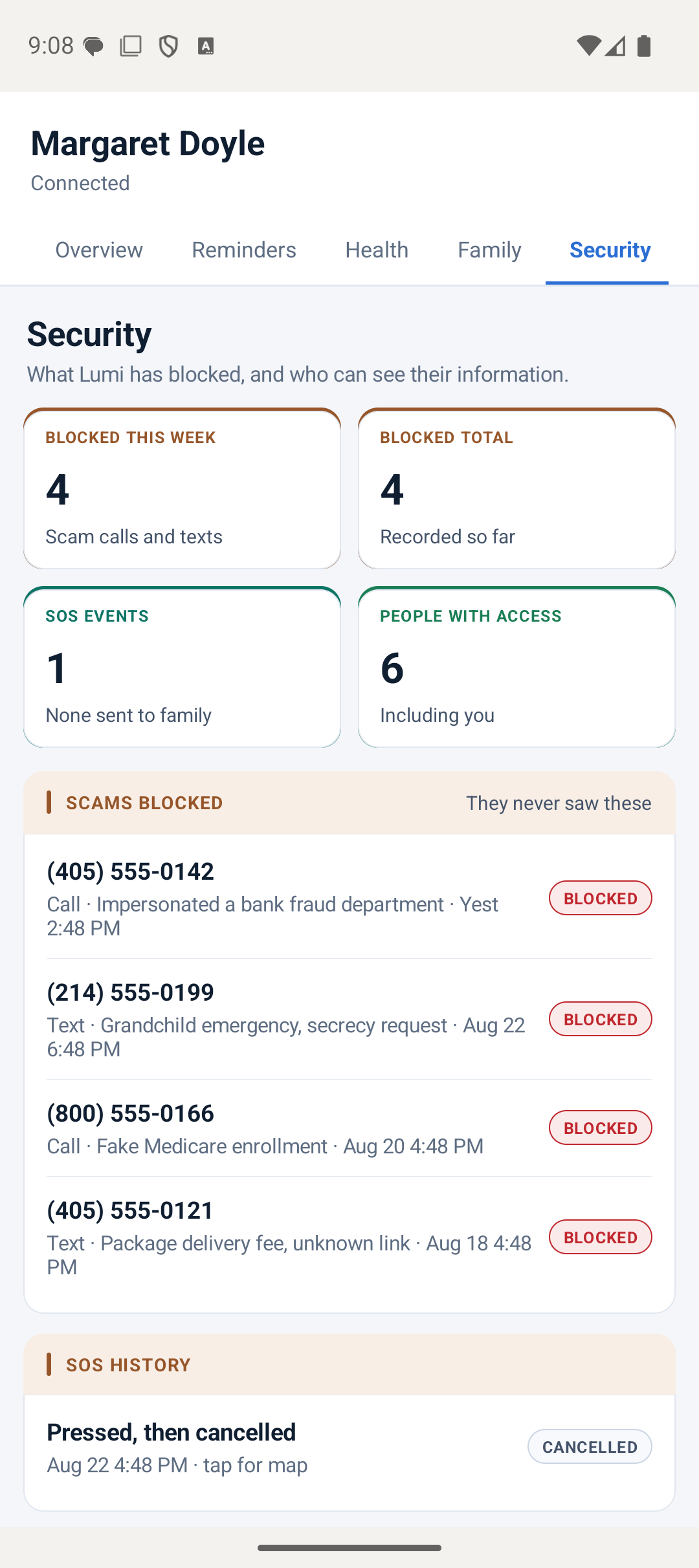 The Security tab listing blocked scam messages with the reason each was flagged, and a history of SOS alerts.