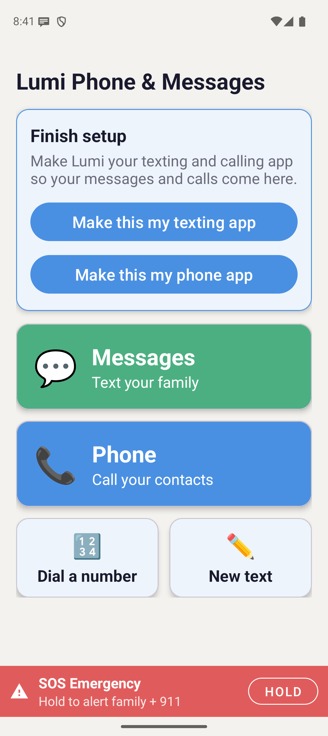 The Lumi Line app home screen, with a Finish setup card and large green Messages and blue Phone tiles, plus Dial a number and New text buttons and a red SOS bar.