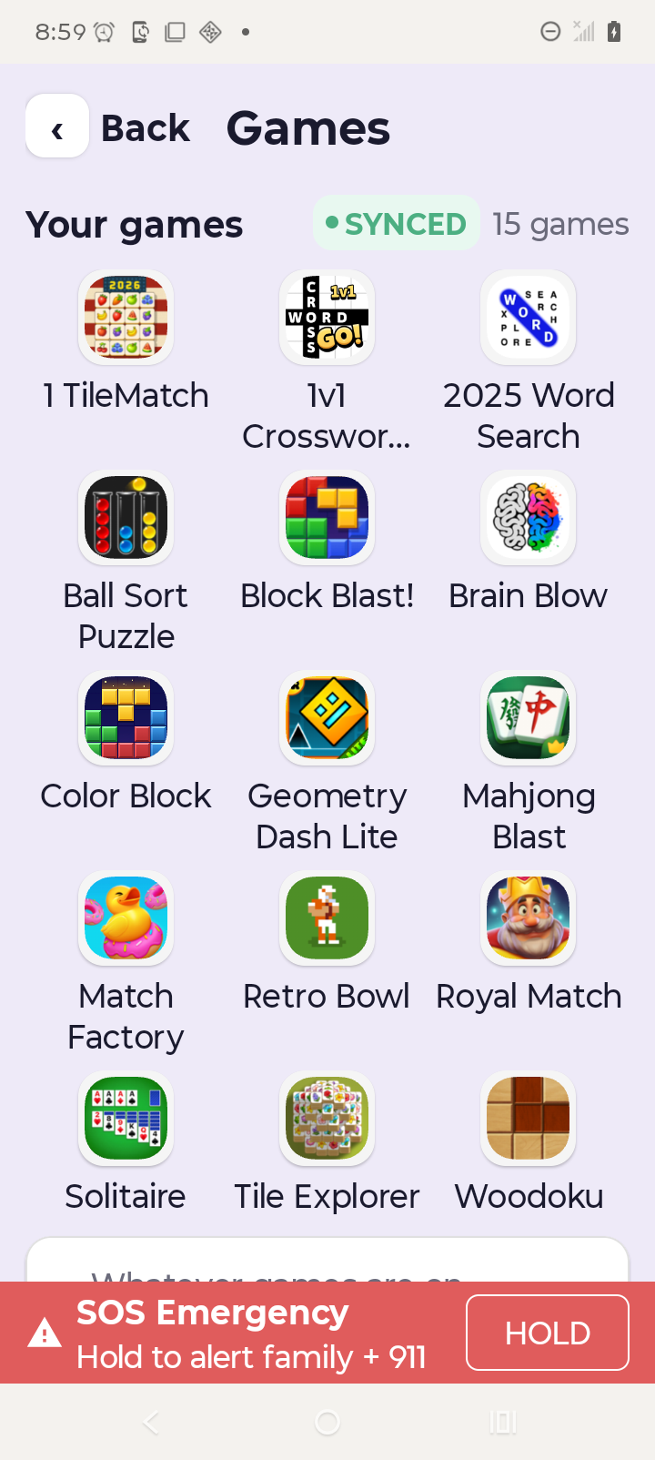 The Games screen listing four built-in Lumi games: Word Guess, Memory Match, Word Search and Trivia.
