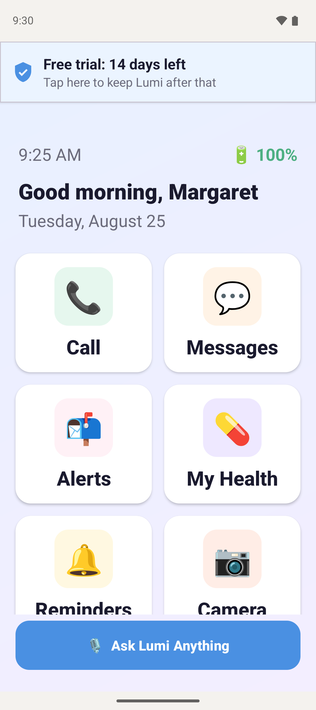 The Lumi home screen: a greeting reading Good afternoon, the date, the battery level, and eight large tiles labeled Call, Messages, My Health, Fitness, Games, Photos, Directions and Weather, with a wide Ask Lumi Anything button along the bottom.