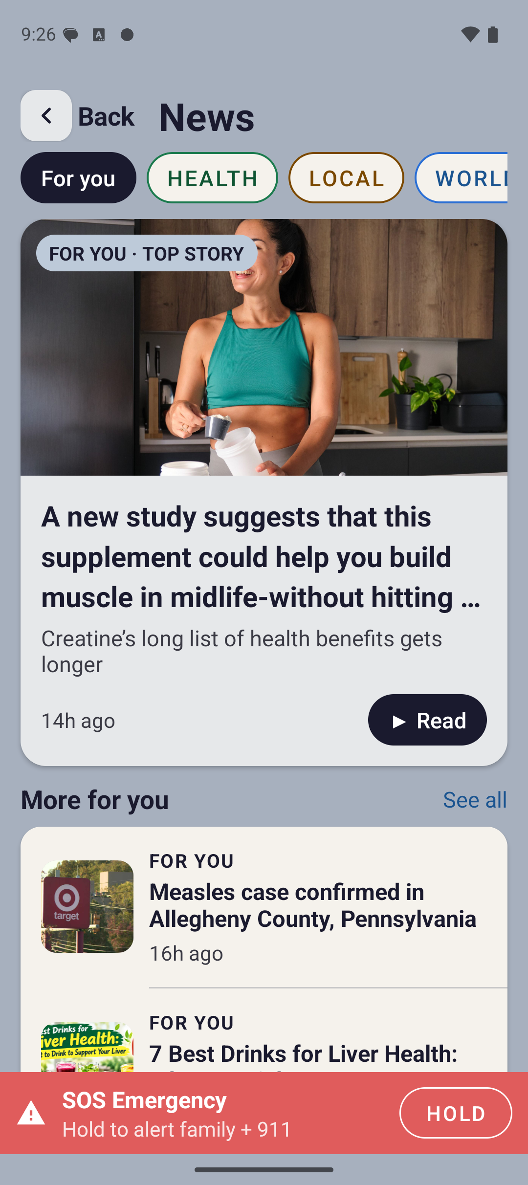 The Lumi News screen showing headlines in large type with simple tabs for local, health and world news.
