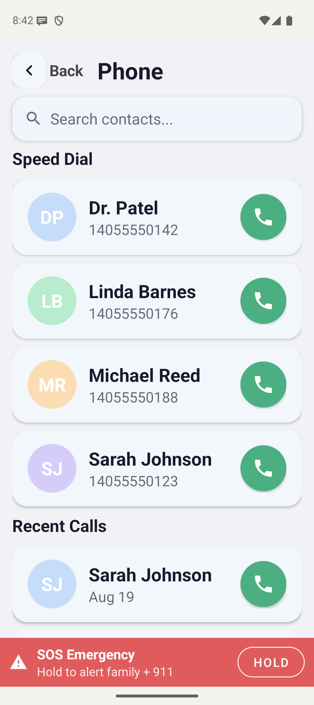 The Lumi phone screen showing speed dial cards for Dr. Patel, Linda Barnes, Michael Reed and Sarah Johnson, each with a large green call button, and a red SOS Emergency bar across the bottom.