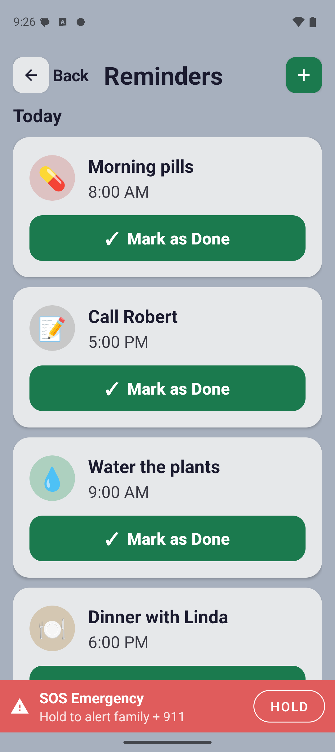 The Lumi Reminders screen listing today's reminders, each with its time and a large Mark as Done button.
